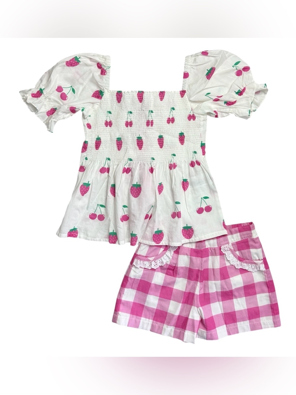 NWOT Sal & Pimenta Pink Jam Berries Smocked Plaid Outfit 8